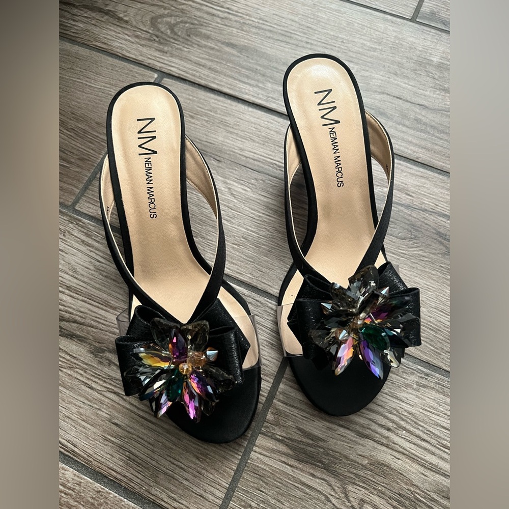 Neiman Marcus Jeweled Satin Kitten-Heel Slide Sandals